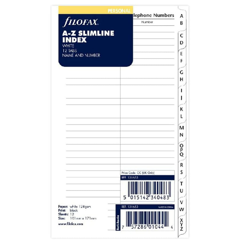 Filofax A-Z Slim Index Refill (White)