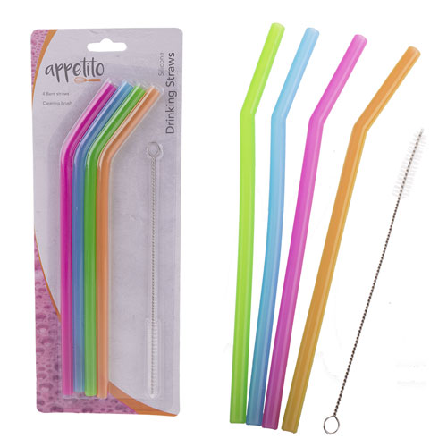 Appetito Translucent Silicone Bent Drinking Straws w/ Brush