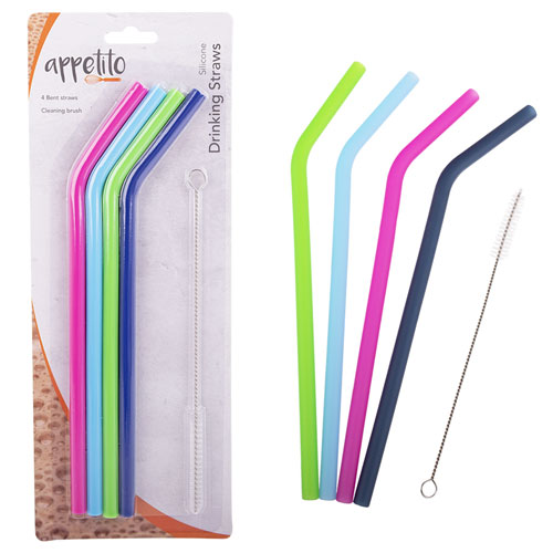 Appetito Silicone Bent Drinking Straws with Brush (Set of 4)