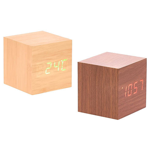 LED Wooden Cube Desk Clock w/ Temp/Date Display