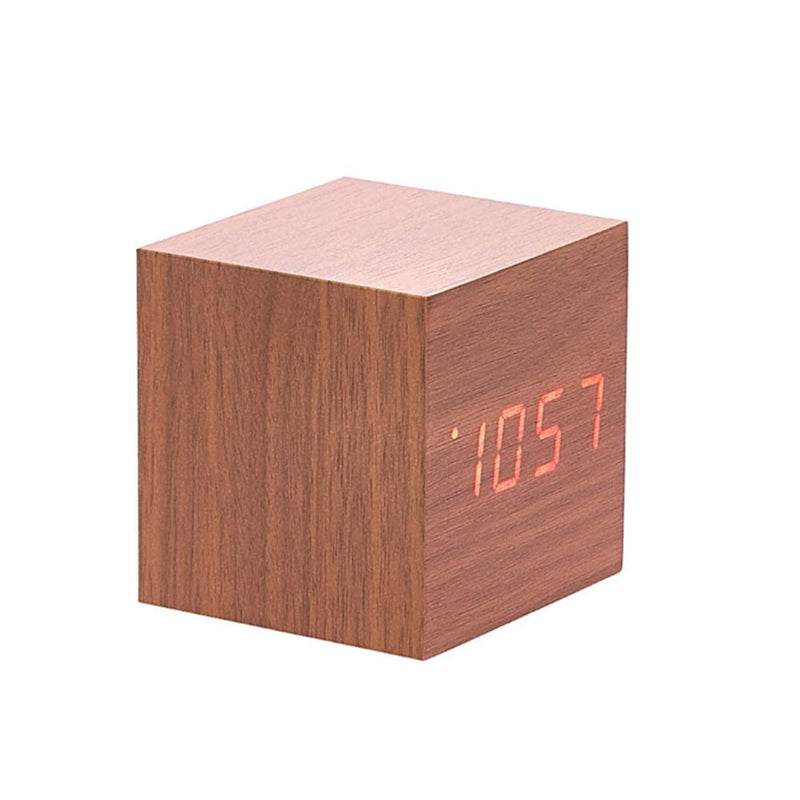 Reloj de escritorio LED en forma de cubo de madera con visualización de temperatura y fecha